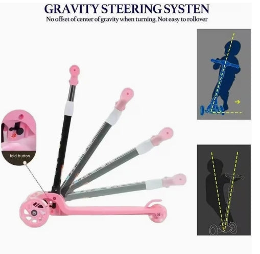 Patinete Diablo con Luces en las Llantas, Patinete Plegable de 3 Ruedas para Niños, Patinete Plegable para Niños con Luces y Frenos Traseros