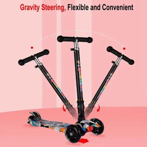 Patinete Diablo con Luces en las Llantas, Patinete Plegable de 3 Ruedas para Niños, Patinete Plegable para Niños con Luces y Frenos Traseros