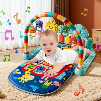 Alfombra de juegos para niños, teclado musical con pedal para bebés, centro de actividades para bebés con piano de 4 teclas, juguetes colgantes, luces y música, adecuado para bebés de 0 a 36 meses