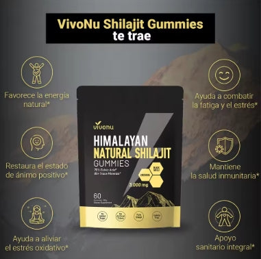 Suplemento dietético puro de Shilajit Shilajit Gummies Vivonu, unisex para hombres y mujeres: rico en componentes herbales, más de 85 oligoelementos, más del 75% de ácido fúlvico, sin azúcar añadido, con una larga vida útil