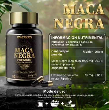Windboss Maca Negramaca + Extracto de Pimienta Negra | Apoya la vitalidad y el bienestar | Contribuye a la energía diaria | 60 Cápsulas
