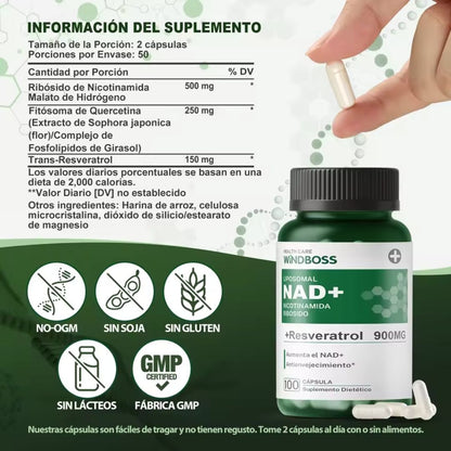 Windboss NAD+ Liposomal NR 900mg con Quercetina y Resveratrol | Suplemento Antienvejecimiento y Energía | 100 Cápsulas