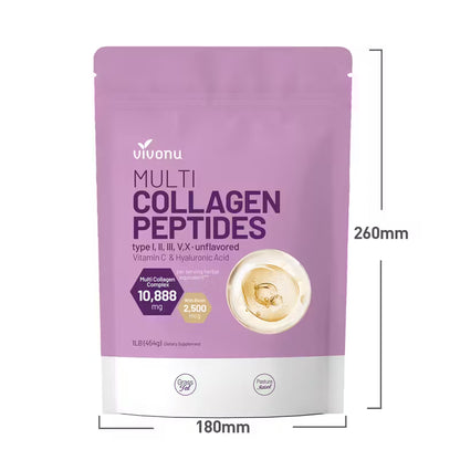 Polvo de colágeno multilayer VIVONU, 1 libra | Contiene tipos de colágeno I, II, III, V y X, así como biotina, ácido hialurónico y vitamina C