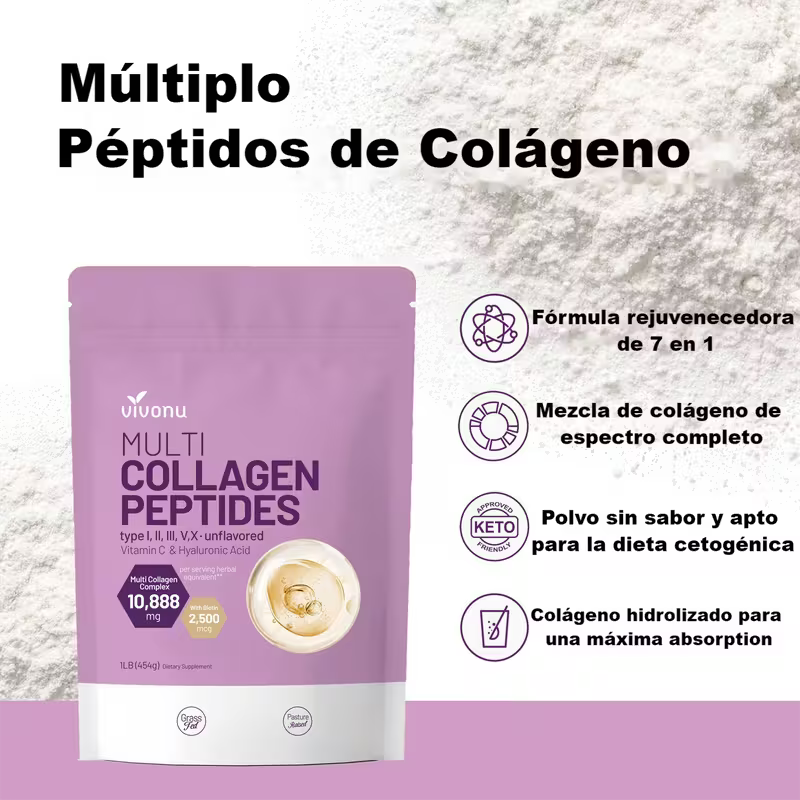 Polvo de colágeno multilayer VIVONU, 1 libra | Contiene tipos de colágeno I, II, III, V y X, así como biotina, ácido hialurónico y vitamina C