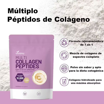 Polvo de colágeno multilayer VIVONU, 1 libra | Contiene tipos de colágeno I, II, III, V y X, así como biotina, ácido hialurónico y vitamina C
