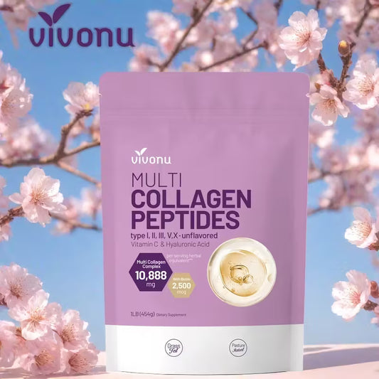 Polvo de colágeno multilayer VIVONU, 1 libra | Contiene tipos de colágeno I, II, III, V y X, así como biotina, ácido hialurónico y vitamina C