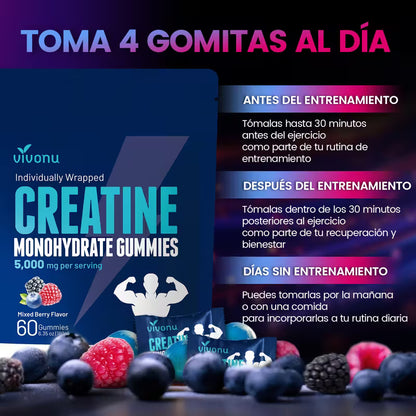 VIVONU Creatina en Gomitas 5000 Mg de Creatina Monohidrata por Porción | Sabor Mestizo de Frutas | Suplemento de Creatina Monohidratada Sin Azúcar (Apto para Hombres y Mujeres) | Suplemento Pre-Entreno Libre de Gluten.