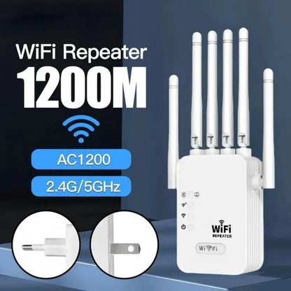 Repetidor Wifi 1200Mbps, Amplificador Inalámbrico Wifi, Extensor de Red 2.4G/5G, Cobertura Total 360° para Hogar y Oficina